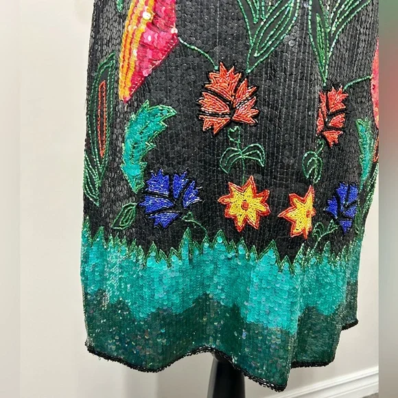 Vintage 80’s silk sequins fully beaded floral design knee length formal dress - Picture 8 of 16